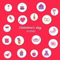 esquivar estilo San Valentín día icono conjunto en blanco circulo y rojo antecedentes. vector