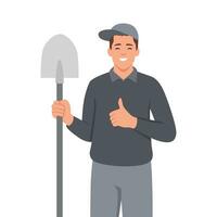 Farmer holding shovel in hand. Farmer standing with spade. Farming work, gardening. Agricultural worker with garden tool. vector