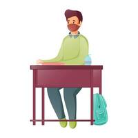 Vector illustration of Wearing Face Mask Student Boy Sitting on Classroom Chair.