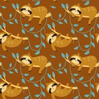 Cute sloth sleeping on tree branches.   Seamless pattern for kid products. vector