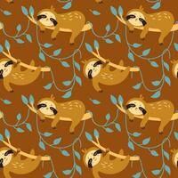 Cute sloth sleeping on tree branches.   Seamless pattern for kid products. vector