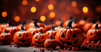 Closeup of Carved Halloween Pumpkins - AI Generated Image photo