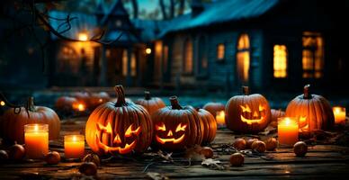 Close-up of carved pumpkins for Halloween, Feast of the Dead, Scary Night - AI generated image photo