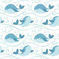 Cute whales in the deep ocean. Waves and splash. Seamless pattern for kid products. vector