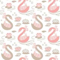 Beautiful swans in the pond. Water lilies. Cute print for little girl. Seamless pattern. Vector. vector