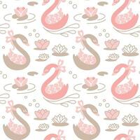 Beautiful swans in the pond. Water lilies. Cute print for little girl. Seamless pattern. Vector. vector