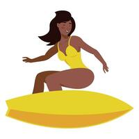 afro mujer surf en tabla de surf personaje vector