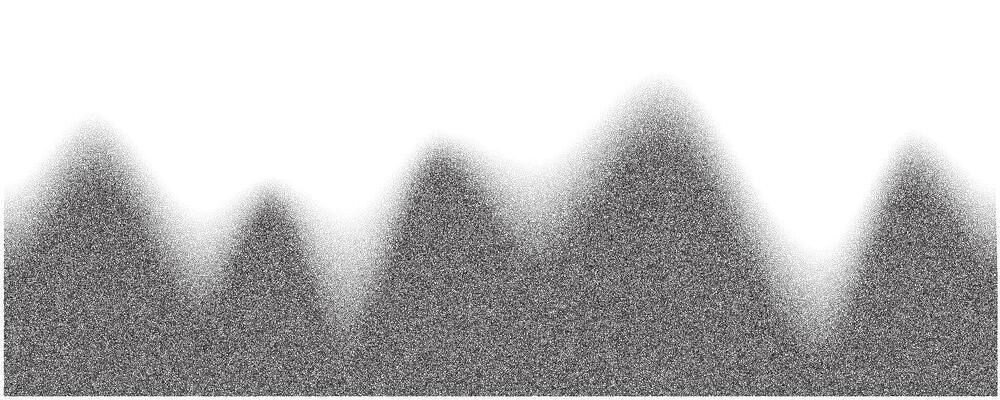 Grainy mountains with noise gradient. Dotted stippled background with grain texture. Vector grunge retro landscape.
