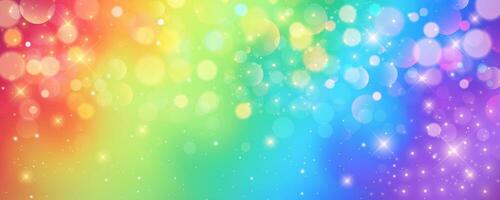 Rainbow unicorn pastel background with glitter stars. Pink wavy fantasy sky. Holographic space with bokeh. Fairy iridescent gradient backdrop. Vector