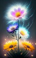 An image that combines the energy of lightning with the delicate beauty of blooming flowers. photo