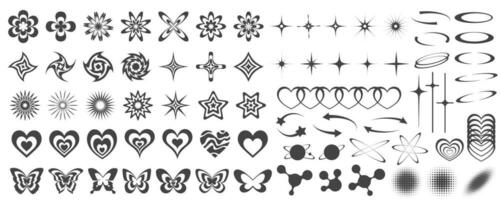 Y2k icons. Retro graphic elements for design. Modern rave symbols. Abstract geometric stars sparkles and futuristic shapes. Vector set of hearts, butterflies and planets stickers.