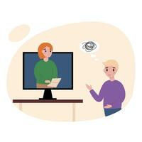 Cartoon illustration of online psychotherapy practice therapy session. Treatment of stress, addictions and mental problems. vector