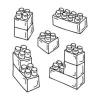 Collection of hand drawn kids toy bricks. Black vector blocks on white background. Sketch technique. Childish style. Suitable for coloring pages, stickers, tatoo.