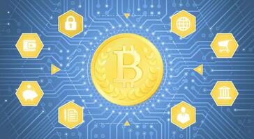 Digital Bitcoin. A golden coin with the Bitcoin symbol on it in the center of a PCB pattern as is inside of electronic cyberspace. Graphic illustration on the theme of Crypto-Currencies. vector