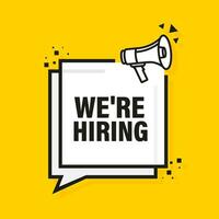 We are hiring megaphone yellow banner in flat style. Vector illustration.