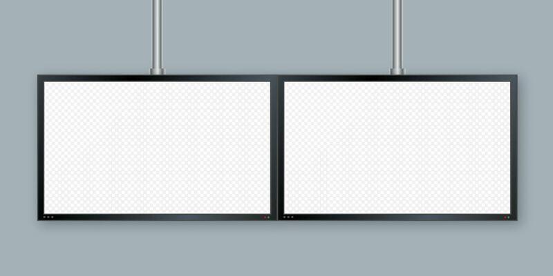 Flat monitor wall. Perspective vector. Vector icon. Media technology. Blank screen isolated. Black frame.