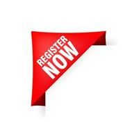 Red register now label in modern style on white background. Banner promotion. vector