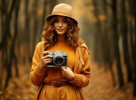 Beautiful female autumn woman with camera in park photo