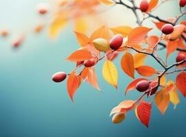 Autumn leaves on blue sky background photo