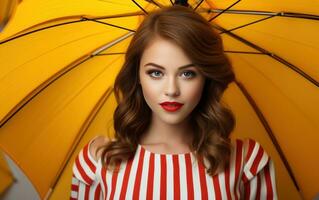 Young female girl holding yellow umbrella against a colorful background photo