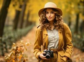 Beautiful female autumn woman with camera in park photo