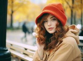 Beautiful woman is sitting on a bench in park in autumn season photo