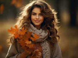 Beautiful girl with falling leaves photo