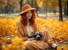 Beautiful female autumn woman with camera in park photo