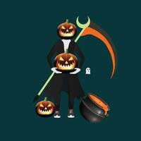 A Halloween pumpkin with a scythe and a pot. Vector character Halloween jack lantern illustration bring a pumpkin.