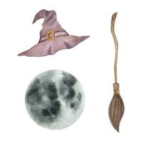 Watercolor witch hat, moon and broom. vector