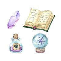 Watercolor crystal, poison and spell book. vector