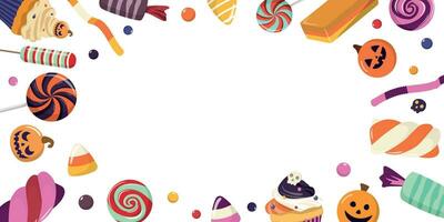 Halloween banner with colorful candies and desserts, autumn holiday season background. Vector border frame. Isolated on white background.
