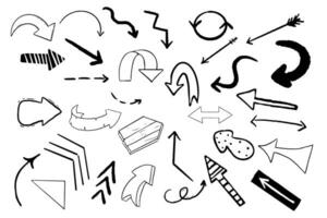Set arrow pointer ink lines, textured shapes hand drawn decorative elements in doodle style isolated. Sketch direction icons. Vector illustration