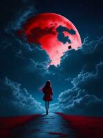 Girl Walk into moon night photo