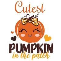 mas lindo calabaza en el parche- contento eslogan con linda sonriente calabaza. bueno para t camisa imprimir, póster, tarjeta, etiqueta. otoñal decoración. mi primero acción de gracias bebé diseño vector