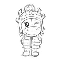 Cute cow wearing warm clothes for coloring vector