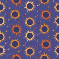 Abstract mystical eclipse seamless pattern. Sun and stars on dark blue background. Fantasy flat design. Suitable for decoration, textile, wrapping, background, home decor, social media graphic, banner vector