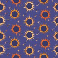 Abstract mystical eclipse seamless pattern. Sun and stars on dark blue background. Fantasy flat design. Suitable for decoration, textile, wrapping, background, home decor, social media graphic, banner vector