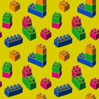 Toy kids bricks seamless pattern on yellow background. Flat vector colorfull blocks in minimalistic style. Retro geometric design. Perfect for decoration, textile, wrapping, decor