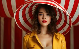 Young female girl holding yellow umbrella against a colorful background photo