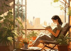 Young woman reading book in room inside balcony house with potted plants photo