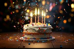 Birthday cake with burning candles and confetti on a wooden table, Birthday cake with burning candle and confetti, 3d illustration, AI Generated photo