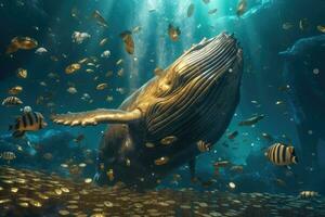 Underwater scene with whale and fish. 3D render illustration. Big whale eating thousands of golden coins of Bitcoin in the ocean underwater, AI Generated photo