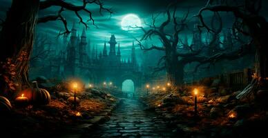 Creepy night in dark medieval castle, scary atmosphere for Halloween holiday background concept - AI generated image photo