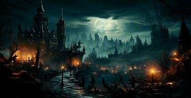 Creepy night in dark medieval castle, scary atmosphere for Halloween holiday background concept - AI generated image photo