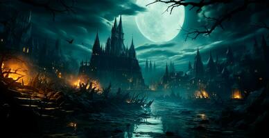 Creepy night in dark medieval castle, scary atmosphere for Halloween holiday background concept - AI generated image photo