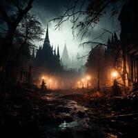 Creepy night in dark medieval castle, scary atmosphere for Halloween holiday background concept - AI generated image photo