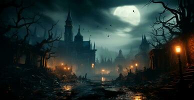 Creepy night in dark medieval castle, scary atmosphere for Halloween holiday background concept - AI generated image photo