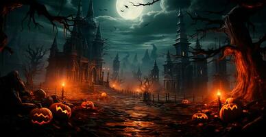 Creepy night in dark medieval castle, scary atmosphere for Halloween holiday background concept - AI generated image photo