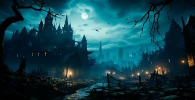 Creepy night in dark medieval castle, scary atmosphere for Halloween holiday background concept - AI generated image photo